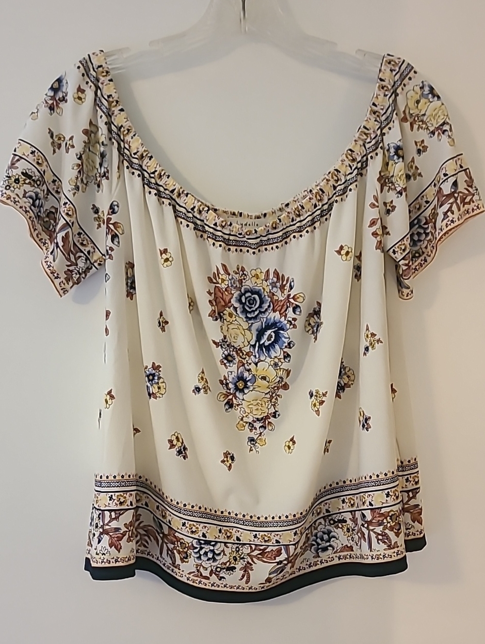 Lydelle Boho Off The Shoulder Floral Blouse Cream Border Print Peasant Top